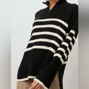 Rails Tessa Sweater Onyx Ivory Stripe Wool Cotton Half Zip Oversized Size S